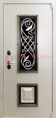 Белая стальная дверь с ковкой со стеклопакетом и МДФ ДК-30 в Яхроме