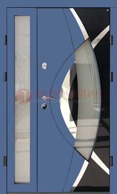 Синяя металлическая дверь со стеклом и узором ДС-13 в Яхроме