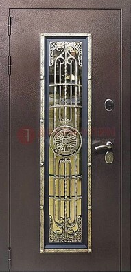 Железная дверь цвета медный антик со стеклом и ковкой ДСК-105 в Яхроме