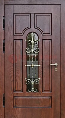 Cтальная дверь со стеклом и ковкой в коричневом цвете ДСК-119 в Яхроме