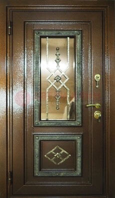 Теплая входная дверь со стеклом и ковкой разноцветной ДСК-13 в Яхроме