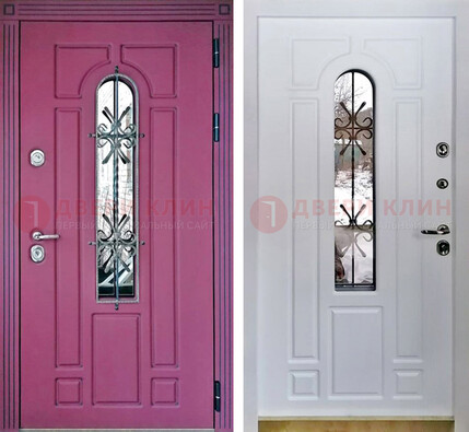 Розовая металлическая дверь со стеклом и ковкой ДСК-151 в Яхроме