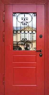 Красная железная дверь Винорит со стеклом и ковкой ДСК-205 в Яхроме