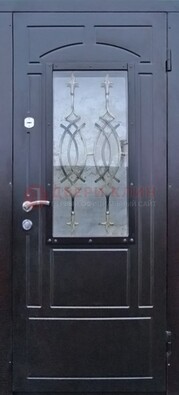 Черная уличная дверь Винорит со стеклом и ковкой ДСК-259 в Яхроме