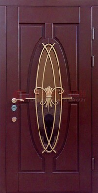 Бордовая стальная дверь Винорит со стеклом и ковкой ДСК-263 в Яхроме
