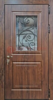Железная дверь Винорит стекло и ковка с цветом под дерево ДСК-266 в Чебоксарах