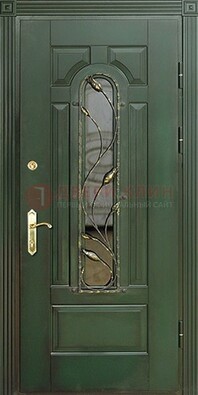 Железная дверь со стеклом и ковкой ДСК-9 для офиса в Яхроме