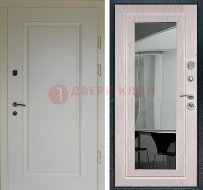 Стальная светлая дверь c МДФ Белый дуб с зеркалом ДЗ-102 в Перми