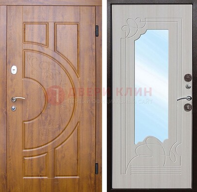 Коричневая металлическая дверь c МДФ с узором и зеркалом ДЗ-105 в Яхроме