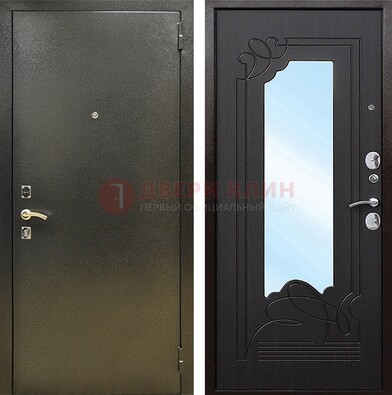 Железная темная дверь c порошковым напылением и МДФ с узором и зеркалом ДЗ-111 в Яхроме