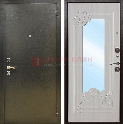 Входная темно-серая дверь c порошковым покрытием и МДФ с резьбой и зеркалом ДЗ-113 в Яхроме