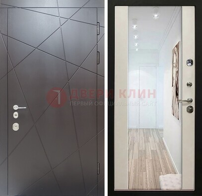 Железная коричневая дверь со светлой МДФ внутри и зеркалом ДЗ-125 в Дмитрове