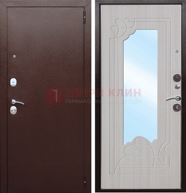 Коричневая металлическая дверь с зеркалом МДФ внутри ДЗ-33 в Яхроме