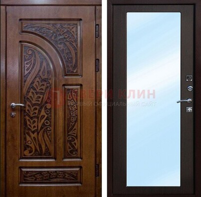 Коричневая входная дверь c узором и виноритом МДФ с зеркалом ДЗ-98 в Яхроме