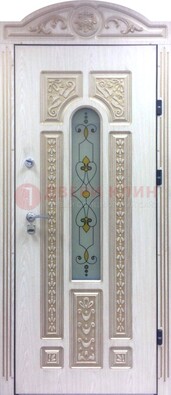 Белая железная дверь с МДФ и витражом ВЖ-26 в Яхроме